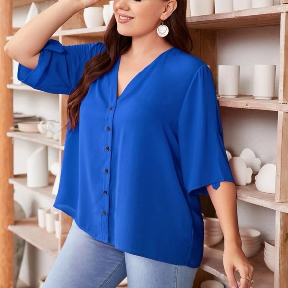 Roll tab mid length sleeves button up v neck boho blouse baby blue - Picture 9 of 14